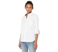 Tommy Hilfiger Camisa con Cuello de botón y Mangas Ajustables para Mujer, Blanco, 0X