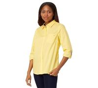 Tommy Hilfiger Camisa de Manga Larga con Botones para Mujer con Cuello y Bolsillo en el Pecho y pestaña Enrollable sólida, Snapdragon, M
