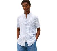 Tommy Hilfiger Camisa Hombre Linen Blend Mao con Cuello Mao, Multicolor (Breezy Blue/White), L