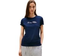 Tommy Hilfiger Camiseta de Manga Corta Mujer Lurex Script con Cuello Redondo, Azul (Dark Night Navy), L