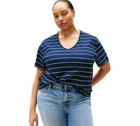 Tommy Hilfiger Camiseta de Manga Corta Mujer Modern Linen con Cuello de Pico, Multicolor (Big STP Dark Night Navy), 46