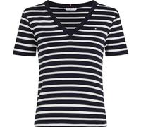 Tommy Hilfiger Camiseta de Manga Corta Mujer New Slim Cody con Cuello de Pico, Multicolor (Nos Breton Desert Sky/Ecru), M