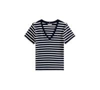 Tommy Hilfiger Camiseta de Manga Corta Mujer New Slim Cody con Cuello de Pico, Multicolor (Nos Breton Desert Sky/Ecru), XS