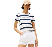 Tommy Hilfiger Camiseta de manga corta Mujer Script con cuello redondo, Multicolor (Wide Stp Ivory Silk / Dark Night), S