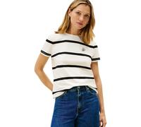 Tommy Hilfiger Camiseta TH Script REG C-NK SS para Mujer, WW0WW47809 S/S, Beige (Calico/Negro STP), S, Beige (Calico/Black STP), S
