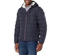 Tommy Hilfiger Chaqueta acolchada de peso medio con capucha y forro de sherpa resistente al agua para hombre, Large
