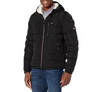 Tommy Hilfiger Chaqueta de peso medio para hombre con forro sherpa, impermeable, Black Tech, M