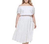 Tommy Hilfiger Off The Shoulder Chiffon Midi Dress Vestido, Beige, 46 Grande para Mujer