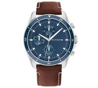 Tommy Hilfiger Reloj Multifunción de Cuarzo para Hombre 44mm - 3 Sub-Diales, Dial Azul, Correa de Cuero Marrón, Resistente al Agua 5ATM - 1791837