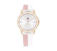 Tommy Hilfiger Reloj para Niña Esfera Plateada, Correa de Silicona Blanca y Rosa, Caja 32mm Oro Rosado, Cuarzo, Resistente al Agua