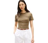 Tommy Hilfiger Slim Cody C-nk Ss Ww0ww40587 Camiseta, Marrón (Fine Stp Mideterranean Olive / Ecru), L para Mujer
