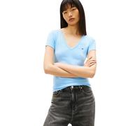 Tommy Jeans Camiseta de Manga Corta para Mujer Slim Essential Rib Cuello de Pico, Azul (Light Powdery Blue), M
