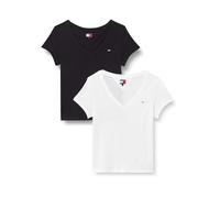 Tommy Jeans Camisetas de Manga Corta Pack de 2 Mujer con Cuello de Pico, Blanco (Ecru/Black), XXS