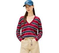 Tommy Jeans Tjw Essential Vneck Sweater Ext Dw0Dw19888 Suéter pulóver, Red (Lavish Cerise/Multi Stripe), XL para Mujer