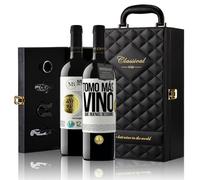 «Tomo más vino que buenas decisiones» Mensaje en una Botella. Estuche-Maletín de LUJO 2x Vino Tinto Premium Reserva 12 Meses y Set de 4 Accesorios. Etiqueta Blanca PERSONALIZABLE