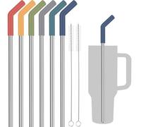 Tomorotec 6 pajitas de acero inoxidable con puntas de silicona aptas para vaso Stanley de 40 onzas, juego de pajitas reutilizables de 13 pulgadas con extensores coloridos y 2 cepillos, compatibles con