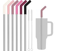 Tomorotec 6 pajitas de acero inoxidable con puntas de silicona para vaso Stanley de 40 onzas, juego de pajitas reutilizables de 13 pulgadas con extensores coloridos y 2 cepillos, compatible con vasos
