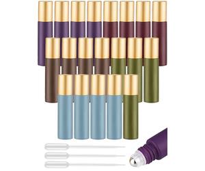 Tomorotec Botellas de rodillo de aceite esencial coloridas de 10 ml con bolas de acero inoxidable, paquete de 20, botella de rodillo ultra gruesa para aceite con abridor y cuentagotas (5 colores)