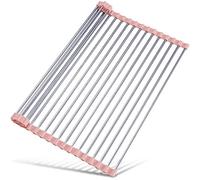 Tomorotec Escurridor de Platos Enrollable, para Colocar sobre el Fregadero, Accesorios para Fregadero de Cocina, Organizador Multiusos, escurridor Plegable de Acero Inoxidable 45x32 cm,Rosa