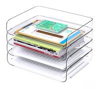 Tomorotec Juego de 4 bandejas de escritorio para cartas, tamaño A4, organizador de documentos apilable de PET transparente, soporte de documentos de oficina, soporte de papel de escritorio, estante de