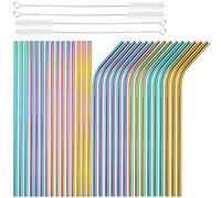 Tomorotec - Juego de pajitas metálicas reutilizables de acero inoxidable (30 unidades, 15 rectas, 15 dobladas para vasos, bebidas, cócteles, coloridas)