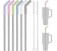 Tomorotec Pajitas de 40 onzas, popote de acero inoxidable de 13 pulgadas con punta de extensión de silicona, apto para vaso Stanley Adventure Quencher, paquete de 6 con 2 cepillos, pajitas de 0.35