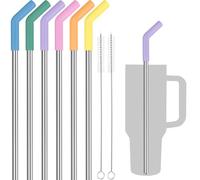 Tomorotec Paquete de 6 pajitas de acero inoxidable con punta de silicona de colores macaron para vasos Stanley de 40 onzas con 2 cepillos de limpieza, 12 pulgadas de largo, sin BPA, saludables y