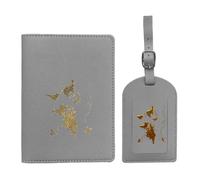 Tomotato Etiqueta de Equipaje y Portada de Pasaporte Conjunto de Mapa de Cuero PU Etiqueta de Equipaje Madera de Viaje (Gray)