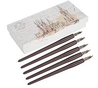 Tomotato Pluma de Caligrafía, 5 Puntas Diferentes para Dibujo Artístico, Mango de Madera, Set de Escritura Creativa con Estuche Retro - Ideal para Pintura, Música, d (Postes de madera gruesos