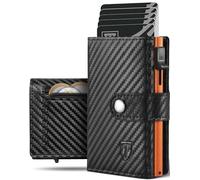 Tomylv Cartera Hombre Slim RFID Blocking, Fibra de Carbono portatarjetas de crédito Hombre - ID Window, Bolsillo Monedero con Cremallera, Compartimento para Billete, Caja de Regalo - Negro Naranja