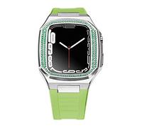 TONECY Kit de modificación caja de metal + correa de goma para Apple Watch 44 mm 45 mm pulsera de acero inoxidable con diamantes de lujo para iWatch 7 SE 6 5 4 (color: verde plata 1, tamaño: 45 mm