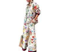 TONEDY Conjuntos de 2 Piezas para Mujer, Estampado Casual Manga Larga Camisa Abotonada Cintura Elástica Pantalones de Pierna Ancha, Traje Casual de Verano(M)