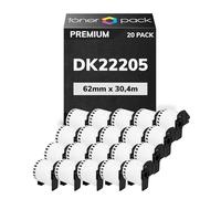 TONER PACK DK-22205 Compatible Rollo de Etiquetas DK-22205 [62mm x 30.48m] - Cinta continua de papel blanca para Brother P-Touch QL-500 550 570 700 710W 720NW 800 810W 820NWB 1050 1100 (20 Unidades)