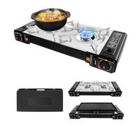 TONFEION Hornillo de gas para camping de 2 quemadores con plancha y cartucho de gas, hornillo de camping al aire libre 2100-2500 W, estufa de gas portátil, protección contra sobrepresión, para ollas