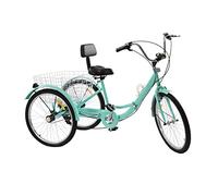 TONFEION Triciclo plegable de 24 pulgadas para adultos, 3 ruedas, 7 velocidades, bicicleta para adultos, triciclo turquesa, triciclo para personas mayores, ancianos, bicicleta con cesta