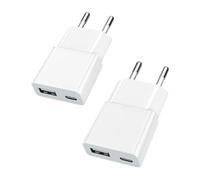 TONGKTAI Cargador USB Ultra Delgado 5W - Doble Puerto USB-C y USB-A (5V 1A), Compatible con Dispositivos como iPhone, Samsung, AirPods, cámaras, Power Banks y más - Pack de 2 - Blanco