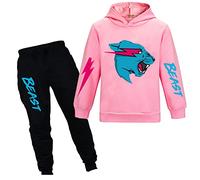 TONGQUD Mr Beast - Conjunto de sudadera con capucha y pantalones para niños, diseño de gato rayo de YouTube, 2 piezas/conjuntos de chándal para niñas, rosa, 9-10 años