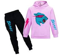 TONGQUD Mr Beast - Conjunto de sudadera con capucha y pantalones para niños, diseño de gato rayo de YouTube, 2 piezas/conjuntos de chándal para niñas, Morado (, 9-10 años