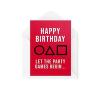 Tongue in Peach Tarjetas de cumpleaños divertidas | Deja que los juegos comiencen la tarjeta | Novedad Banter Calamar Juego Netflix Humor Oscuro Serie Coreana Colega Bestie | CBH665