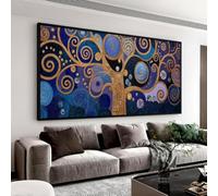 TONGYINLI Cuadro de estilo clásico, Árbol de la Vida Dorado sobre lienzo, Arte abstracto de remolinos azules para decoración del hogar, Estampados con patrón en espiral (40x70cm/Marco interno)