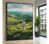 TONGYINLI Cuadro de Jesús caminando por el pasto, arte mural cristiano, pintura de paisaje religioso, pósteres decorativos de pastor y ovejas (30x40cm/sin marco)