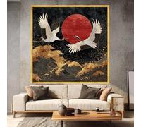 TONGYINLI Cuadro decorativo de grullas voladoras, pósteres japoneses del sol rojo y las olas doradas, decoración de naturaleza asiática, pintura moderna sobre lienzo (30x30cm/sin marco)
