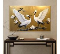 TONGYINLI Cuadro decorativo de pared con fondo dorado, pintura acrílica de grullas blancas voladoras chinas, póster abstracto impreso en lienzo con ramas de árboles (50x70cm/marco interno)