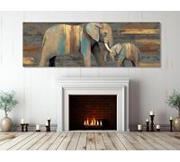 TONGYINLI Cuadro rústico sobre lienzo, póster de una elefanta con su cría, arte mural de elefantes, para sala de estar, decoración de pared del hogar (60x180cm/marco interno)