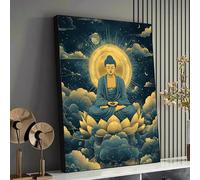 TONGYINLI Cuadro sobre lienzo de Buda meditando sobre loto, arte mural espiritual, pósteres e impresiones zen para decoración del hogar, obra de arte floral apacible (80 x 120 cm/marco interior)