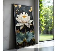 TONGYINLI Cuadros abstractos de loto blanco sobre lienzo, arte mural de flores doradas, láminas florales, pintura botánica, obra de arte para la decoración del hogar (45x80cm/marco interno)