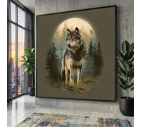 TONGYINLI Cuadros de lobos para pared, pósteres de luna llena, impresiones en lienzo de vida silvestre, pintura de escena de bosque, pintura de retrato de animales rústicos (60x60cm/marco interno)