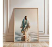 TONGYINLI Jesús camina sobre el agua: lienzo con ilustraciones bíblicas de inspiración religiosa, pósteres e impresiones para la decoración del hogar (60 x 90 cm/marco interior)