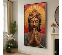TONGYINLI Lienzo con postura de oración de Buda sereno, arte mural espiritual, decoración con halo dorado, obra de Buda meditando, pintura decorativa para el hogar (70 x 110 cm/marco interior)
