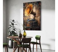 TONGYINLI Lienzo decorativo de gramófono vintage: decoración rústica de pared, póster de vinilo antiguo, pintura al óleo sobre lienzo con música retro (70 x 110 cm/sin marco)